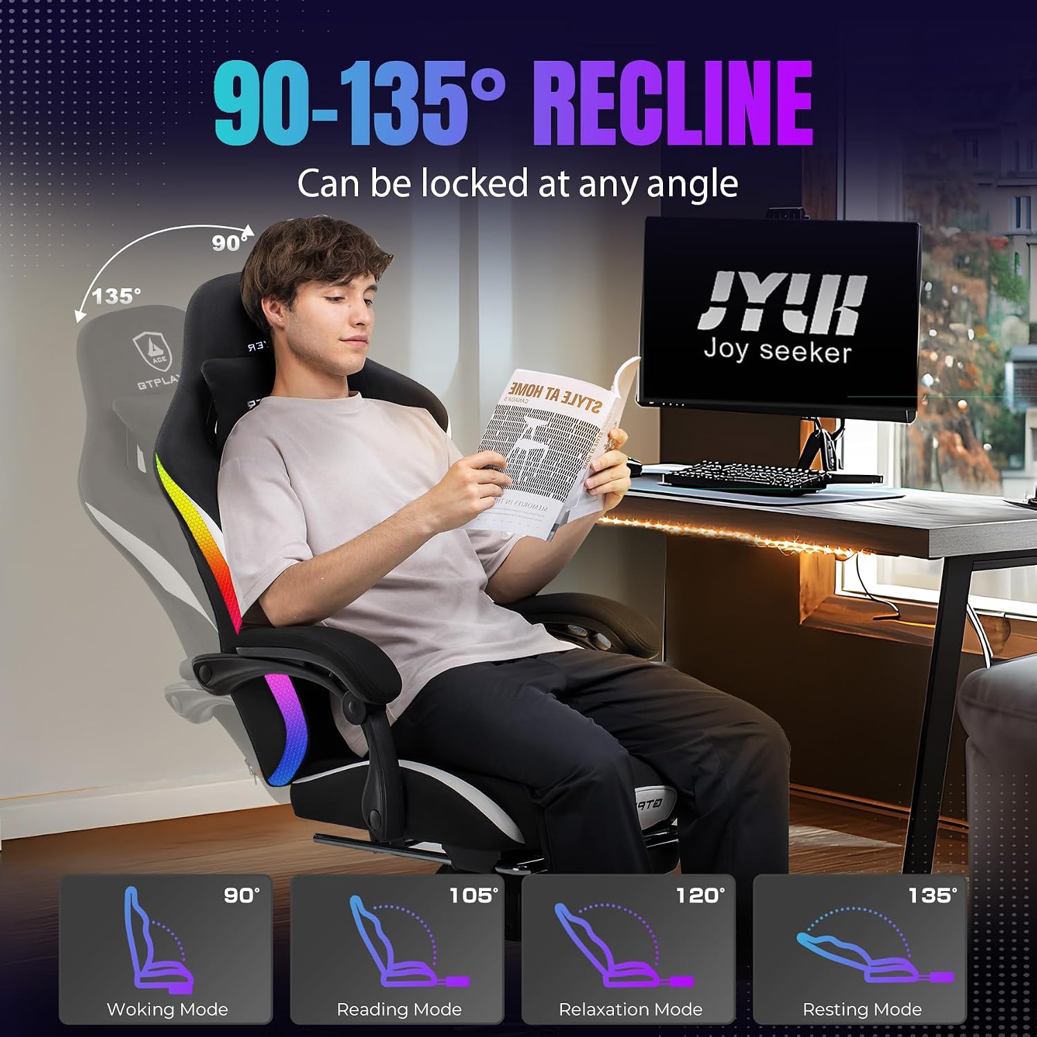 GTPLAYER RGB Gaming Chair with Footrest, LED Lights, Ergonomic Computer Chair with Linkage Armrest, Breathable Fabric for Home Office Desk - Video Game Chairs for Adults, Standard RGB