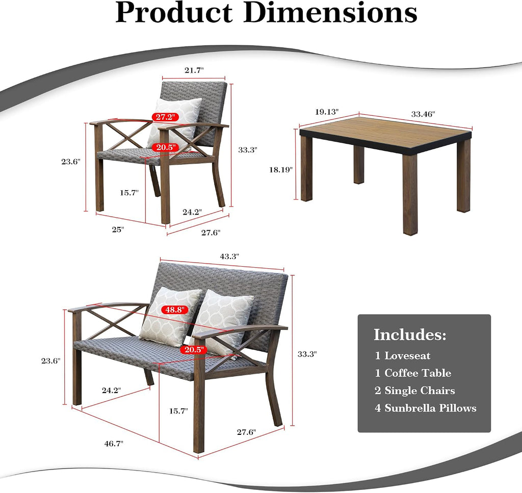 Domi Aluminum Patio Furniture Set, 4-Piece Modern Conversation Set with Cotton Padding Backrests and Seats, Outdoor Sectional Metal Sofa Set with 5.5 Inch Cushion and Coffee Table for Balcony, Garden