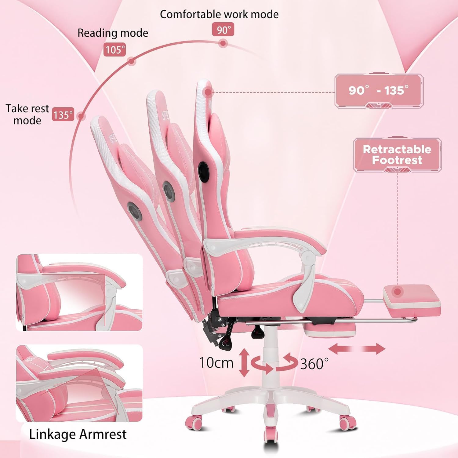 HOFFREE Pink Led Gaming Chair with Bluetooth Speakers Massage Gaming Chair with RGB Lights Big and Tall Gamer Chairs for 400lbs Heavy People High Back Computer Desk Chair with Footerst Pink and White
