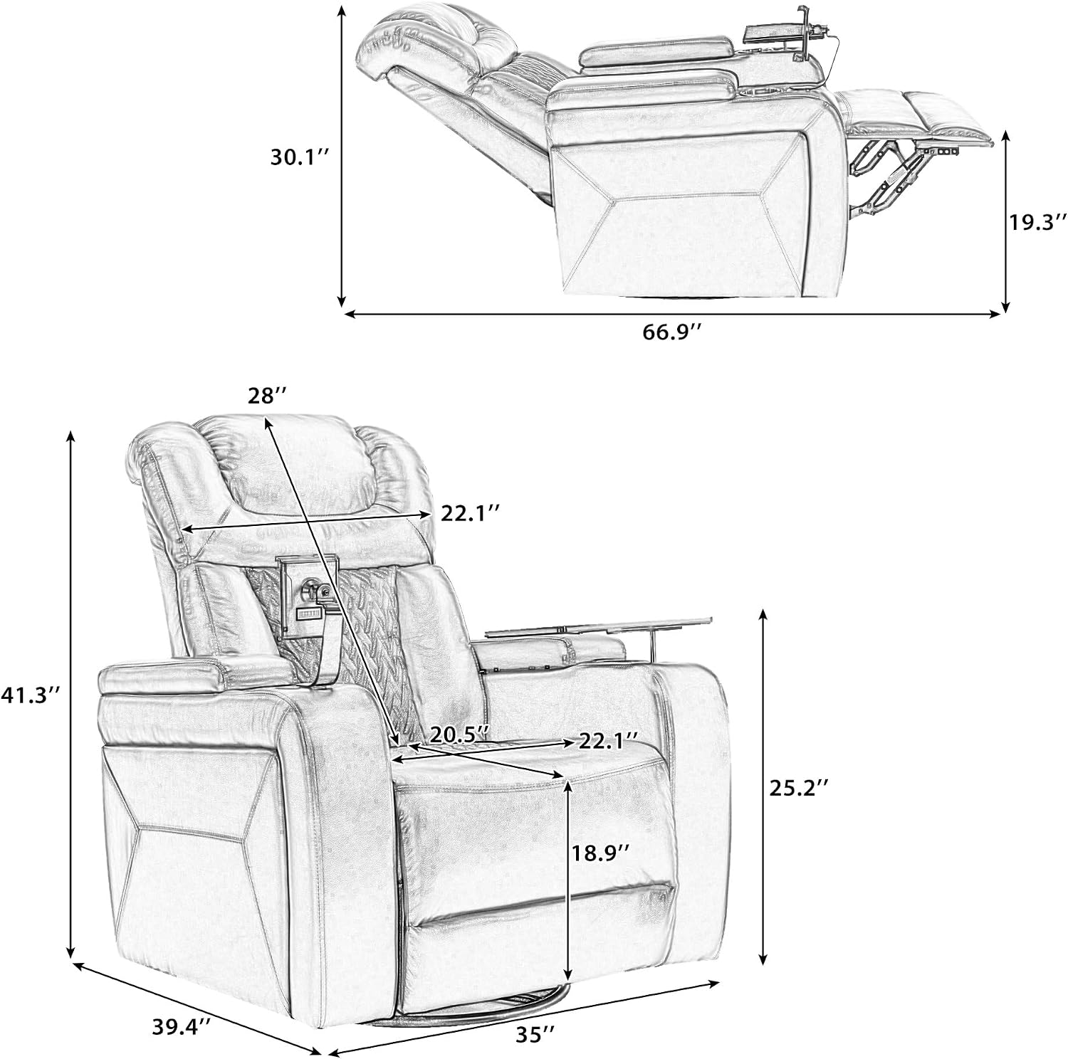 270 Degree Swivel PU Leather Power Recliner Individual Seat Home Theater Recliner with Comforable Backrest, Tray Table, Phone Holder, Cup Holder, USB Port, Hidden Arm Storage for Living Room, Red