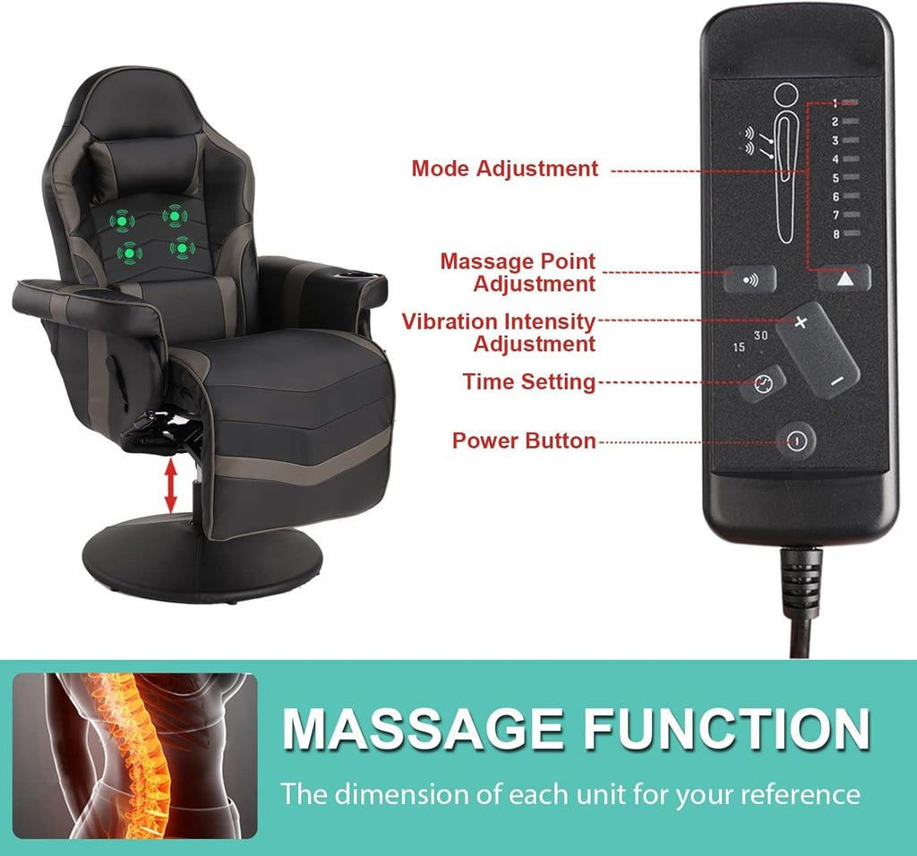 LVUYOYO Reclining Gaming Chair, Gaming Chair with Footrest and Massage, High Back PU Leather Gaming Recliner w/Adjustable Height, Swivel Game Chair with Lumbar Support, Cup Holder, Headrest