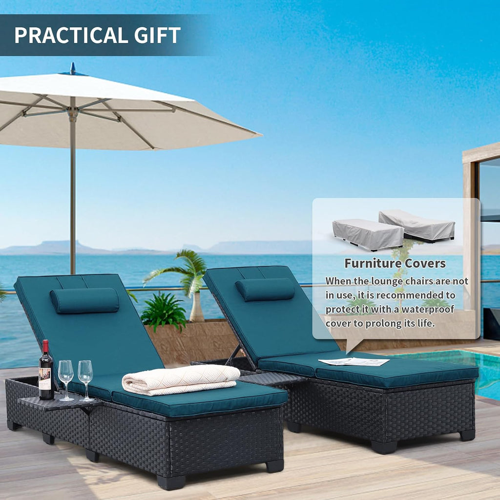 WAROOM Outdoor Chaise Lounge Chairs for Outside Patio Furniture Set of 2 Wicker Recliner Black Rattan Sunbathing Lounger Adjustable Backrest Pool Reclining Chair, Peacock Blue Cushion