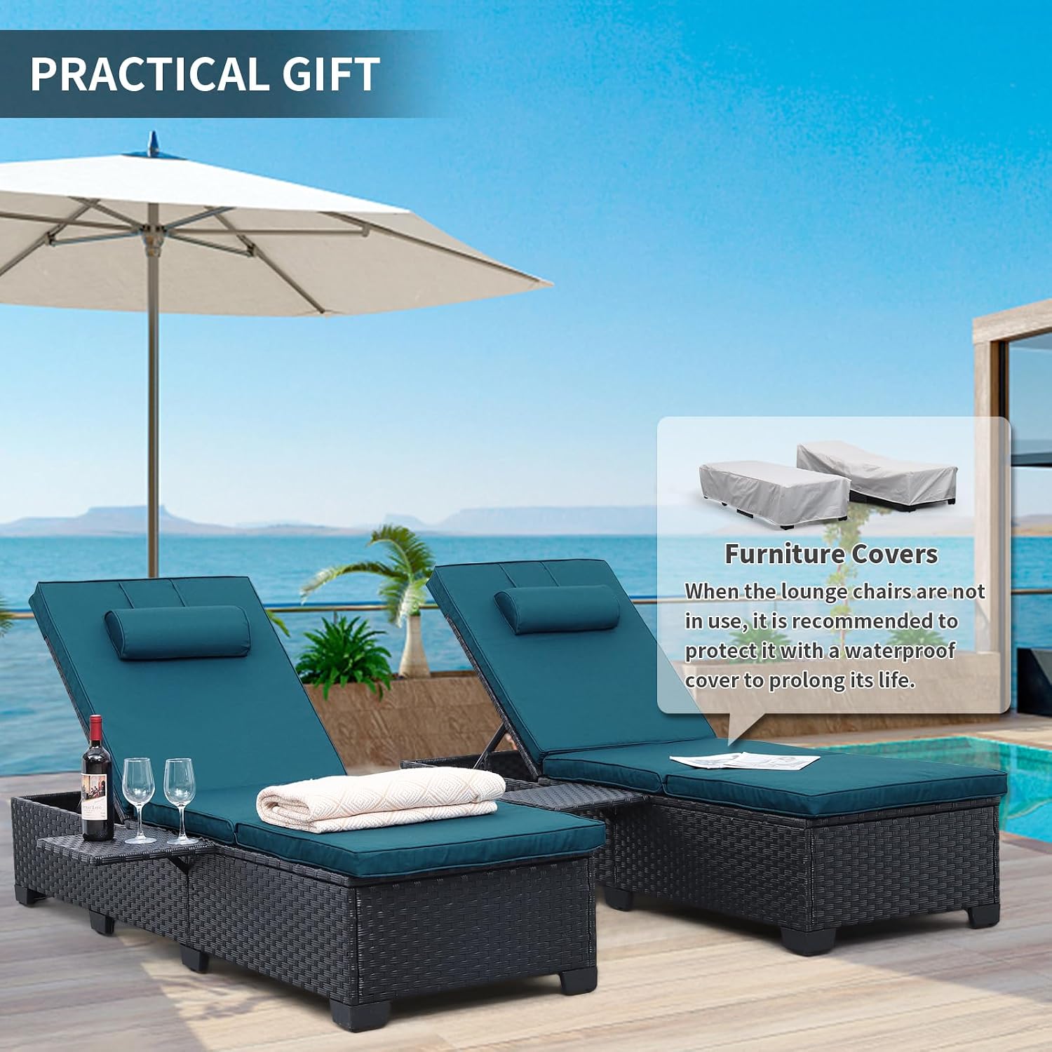 WAROOM Outdoor Chaise Lounge Chairs for Outside Patio Furniture Set of 2 Wicker Recliner Black Rattan Sunbathing Lounger Adjustable Backrest Pool Reclining Chair, Peacock Blue Cushion