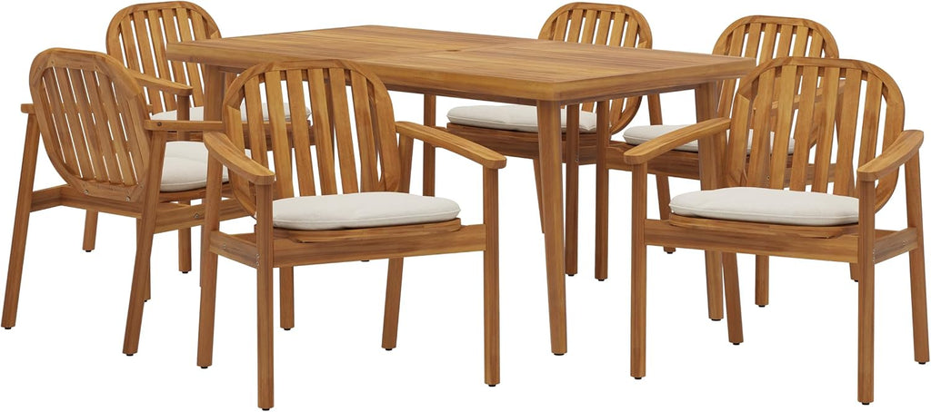 Christopher Knight Home Meja Acacia Wood Outdoor Dining Set for 6, Wooden 7 Piece Patio Dining Table Set, Wooden Outdoor Dining Armchair and Table Set with Cushion, Patio Furniture Set, Teak+Beige