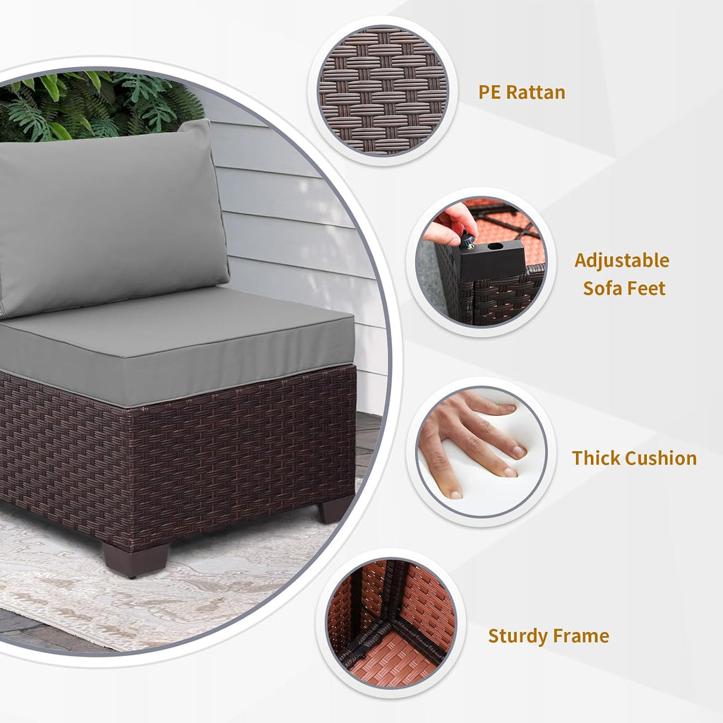 WAROOM Patio Furniture Set of 2 Resin Wicker Chairs, Outdoor Deep Seating Single Chair Brown Rattan Sofa with Grey Cushion