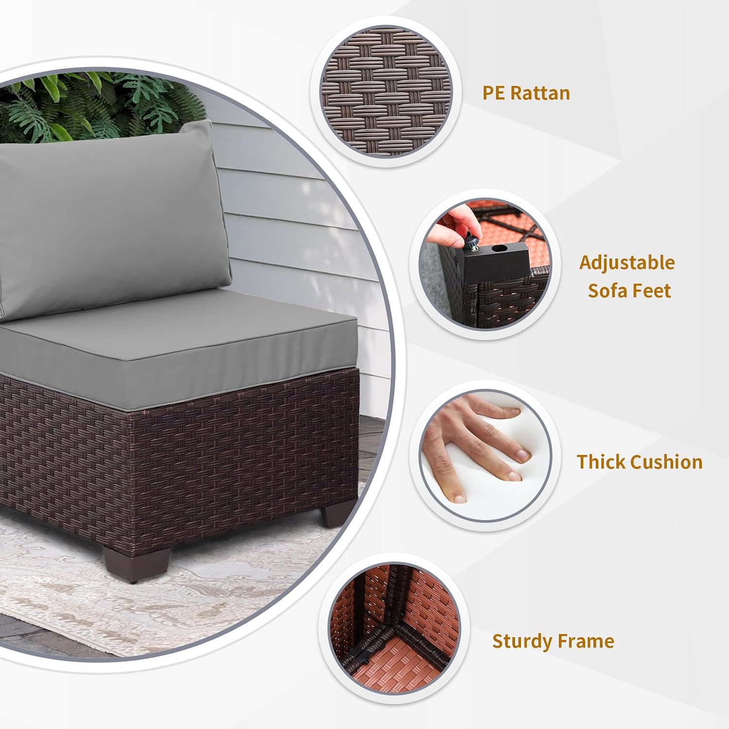 WAROOM Patio Furniture Set of 2 Resin Wicker Chairs, Outdoor Deep Seating Single Chair Brown Rattan Sofa with Grey Cushion