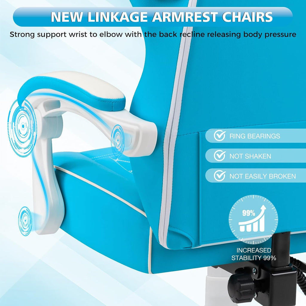 HOFFREE Gaming Chair Computer Chair with Speakers Massage Game Chairs with Footrest Bluetooth High Back Ergonomic Computer Gaming Chairs for Adults Reclining Video Gamer Chair Sky Blue and White