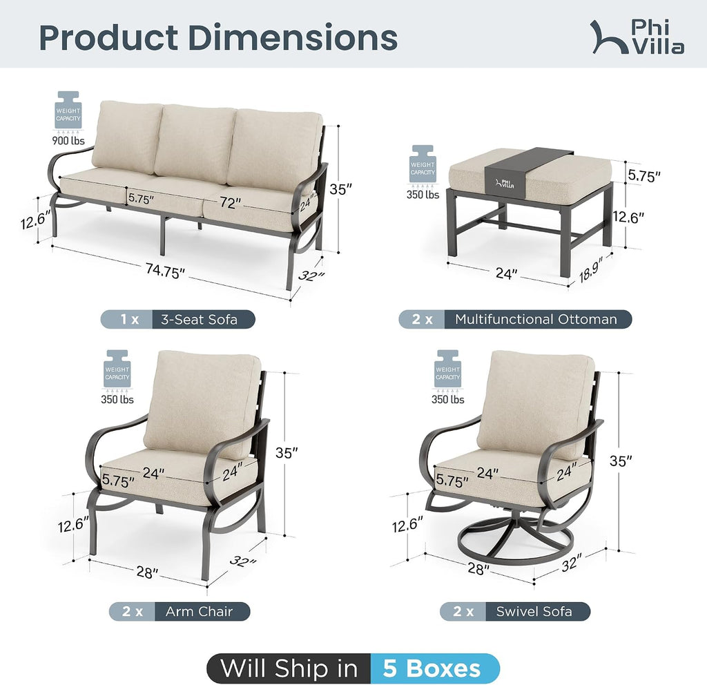 PHI VILLA 7 PCS Patio Furniture Set,Metal Outdoor Furniture with 1x 3 Seater Cushioned Deep Seating Bench Sofa, 2 Swivel Chair, 2 x Leg Chairs & 2 Ottoman,Outdoor Seating for 7 Person