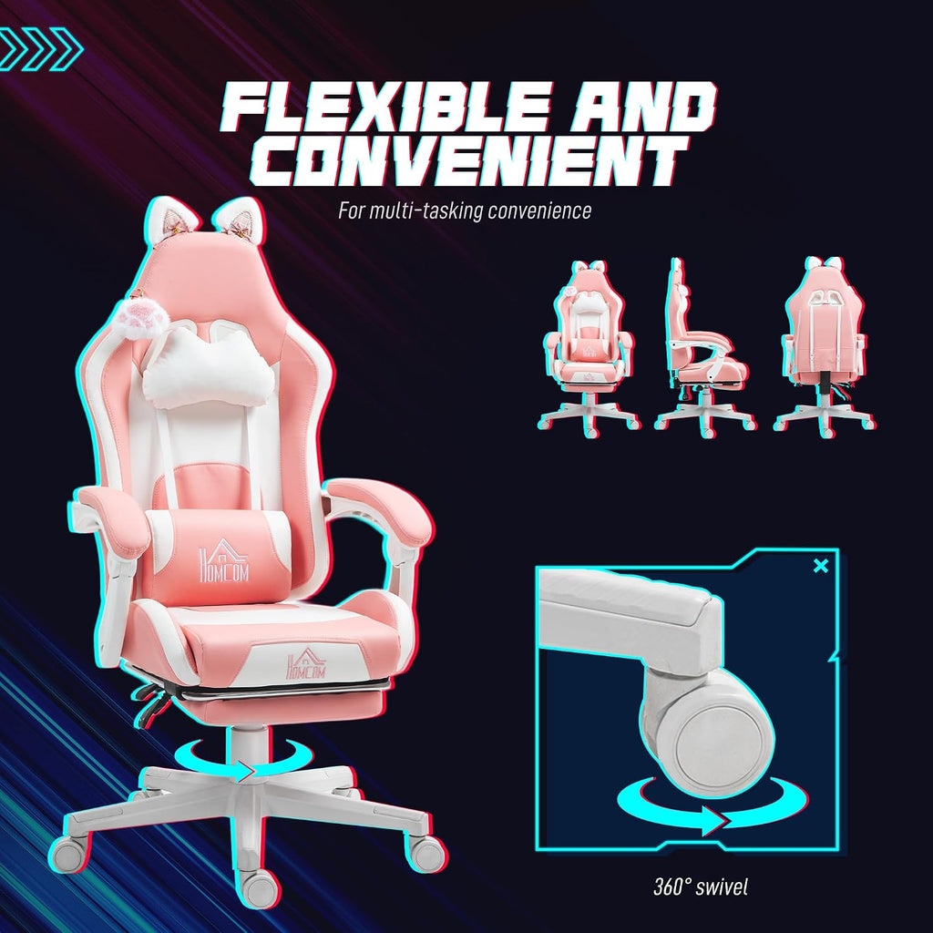 HOMCOM Racing Gaming Chair with Cat Ears, Reclining Faux Leather Computer Chair with Footrest, Lumbar Support and Headrest, Height Adjustable Gamer Chair with Swivel Seat and Wheels, Pink