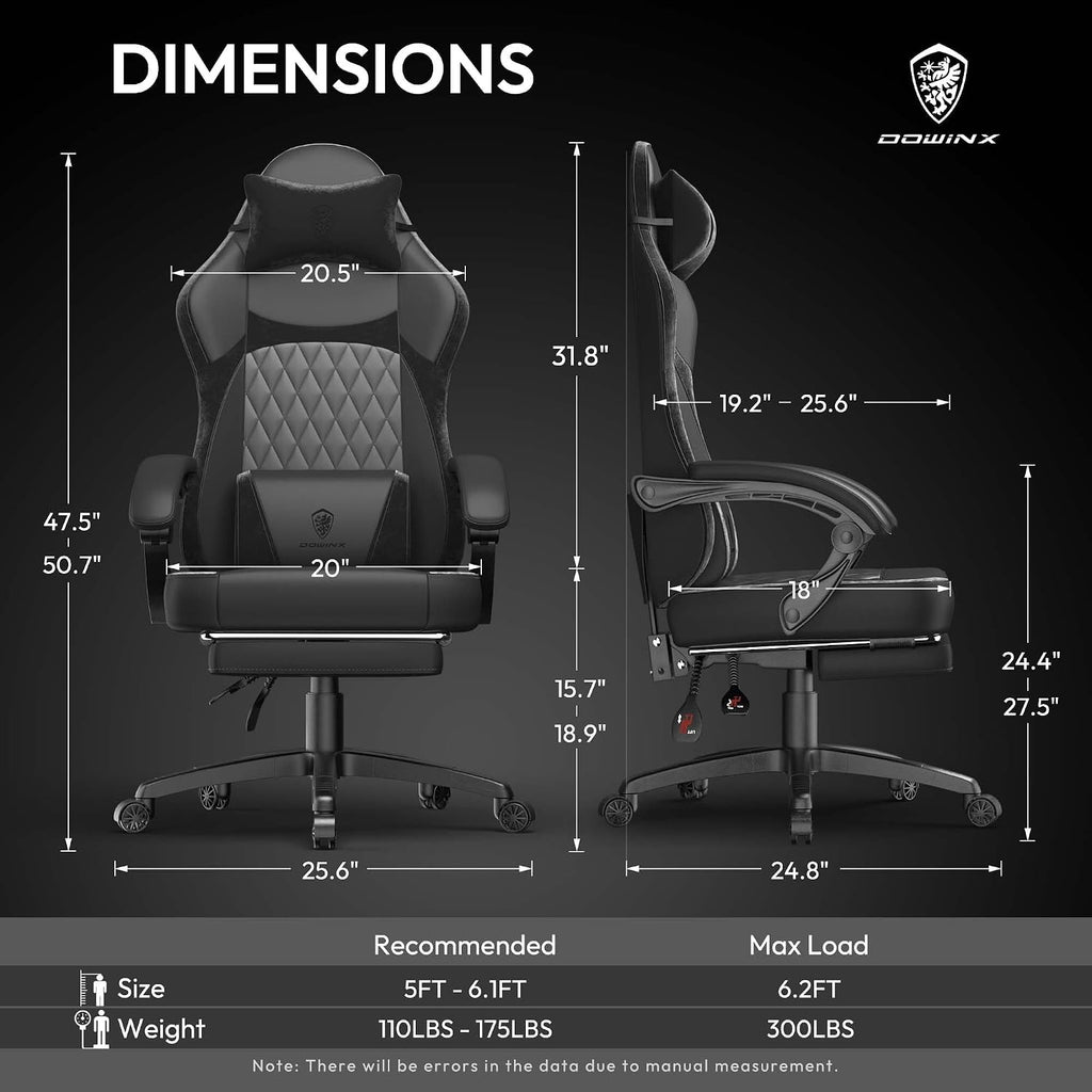 Dowinx Gaming Chair with Pocket Spring Cushion, Ergonomic Computer Chair with Massage Lumbar and Footrest for Adults, High Back Game Chair Leather for Office Gaming 300LBS, All White (Black)