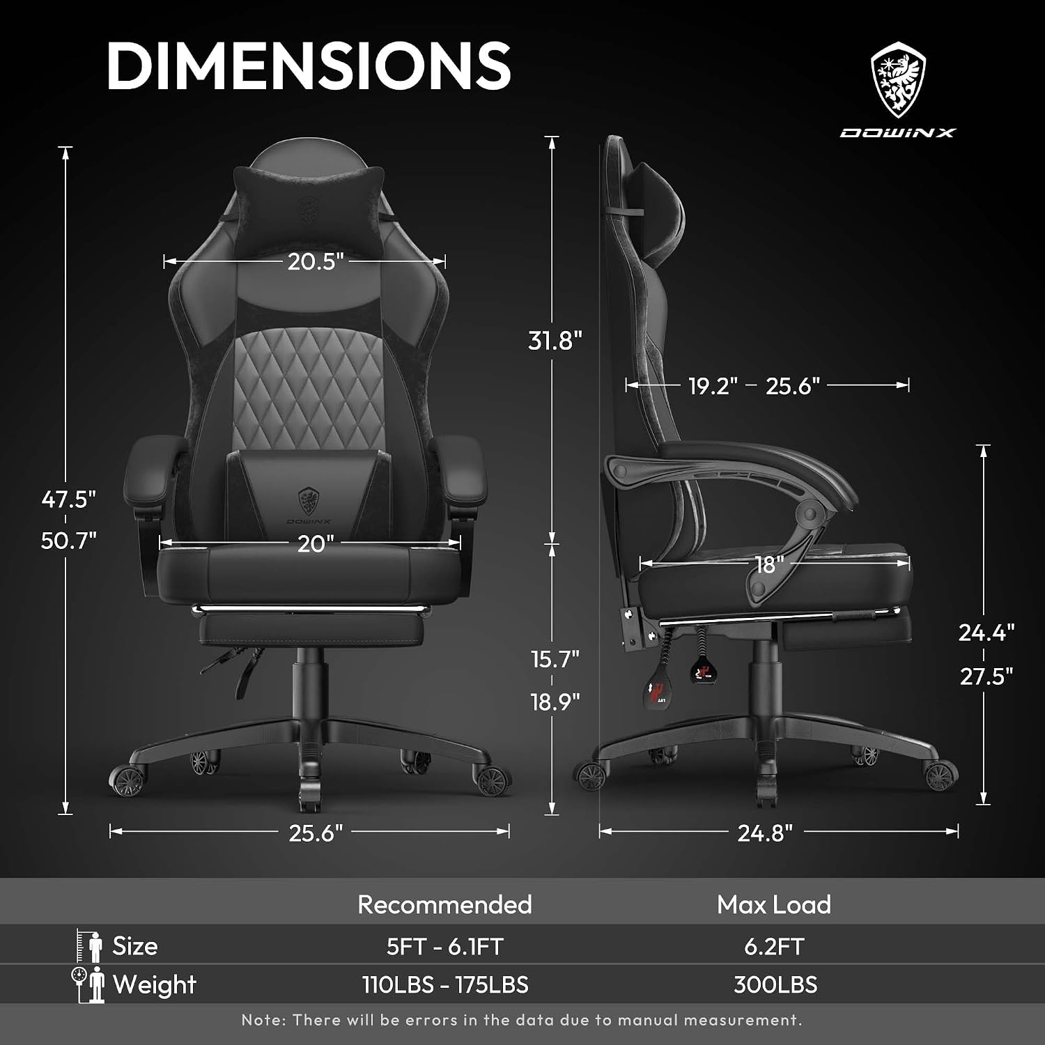 Dowinx Gaming Chair with Pocket Spring Cushion, Ergonomic Computer Chair with Massage Lumbar and Footrest for Adults, High Back Game Chair Leather for Office Gaming 300LBS, All White (Black)
