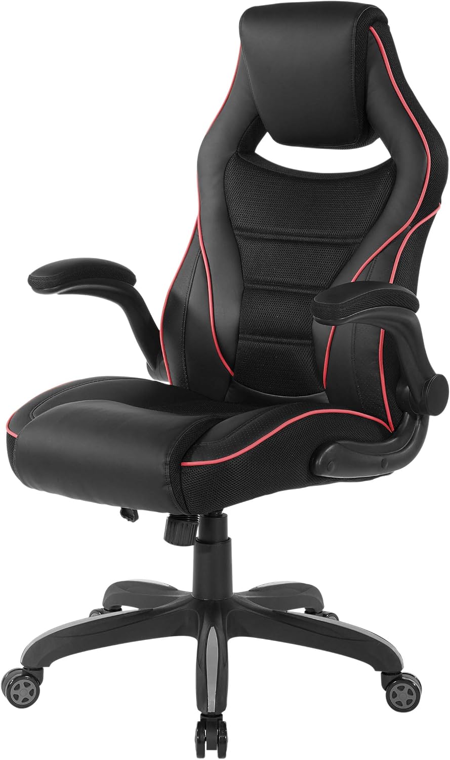 OSP Home Furnishings Xeno Ergonomic Adjustable Faux Leather Gaming Chair with Integrated Headrest and Airflow Cooling Material, Black with Red Accents