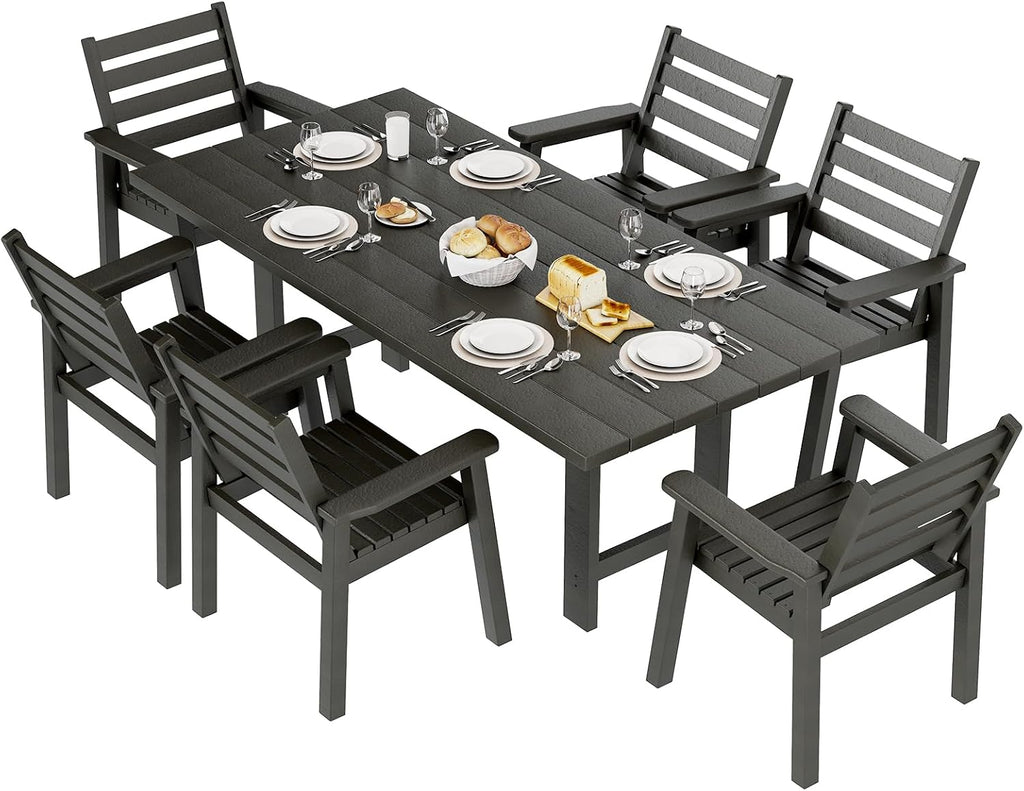 AMERLIFE 7-Piece HDPE Outdoor Dining Table Set with 6 Chairs, 71' L Patio Dining Furniture Set with Umbrella Hole, Modern Dinner Table & Chairs Set for Garden, Backyard, Poolside, Black