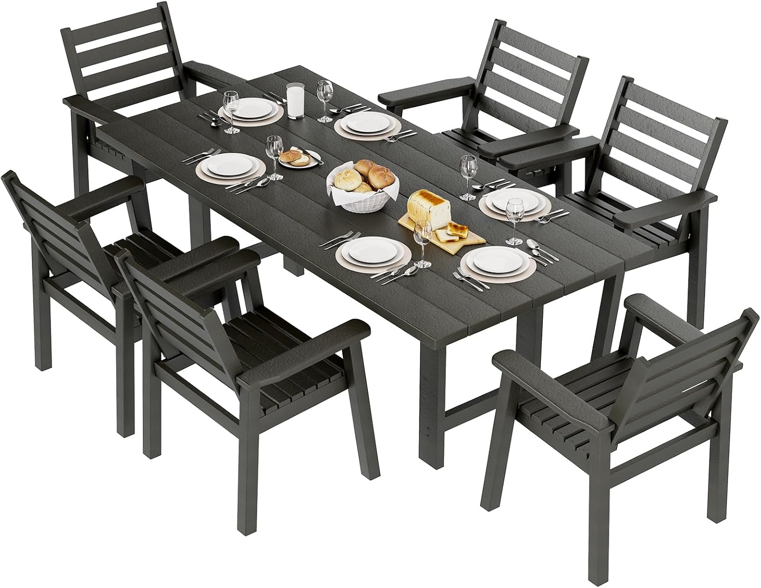 AMERLIFE 7-Piece HDPE Outdoor Dining Table Set with 6 Chairs, 71' L Patio Dining Furniture Set with Umbrella Hole, Modern Dinner Table & Chairs Set for Garden, Backyard, Poolside, Black