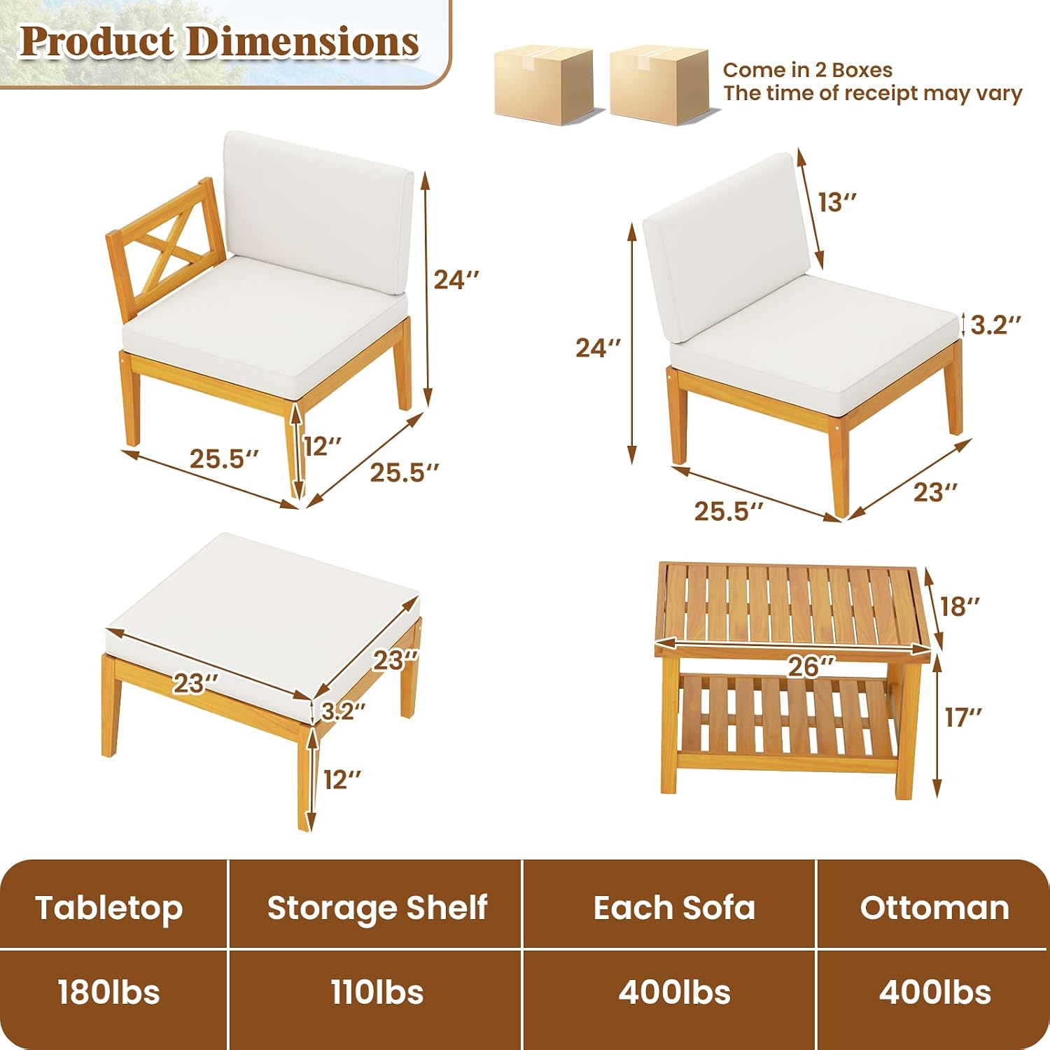 HAPPYGRILL 5 Pieces Acacia Wood Patio Furniture Set, Outdoor Sectional Couch with 2-Tier Coffee Table and Cushions, L Shaped Outdoor Conversation Set for Porch, Garden, Backyard