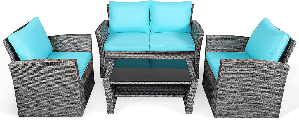 COSTWAY 4 Pieces Patio Rattan Furniture Set, Outdoor Wicker Sofa Set with Tempered Glass Coffee Table, Cushions, All Weather Rattan Conversation Set for Yard Balcony Backyard Pool (Turquoise)