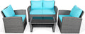 COSTWAY 4 Pieces Patio Rattan Furniture Set, Outdoor Wicker Sofa Set with Tempered Glass Coffee Table, Cushions, All Weather Rattan Conversation Set for Yard Balcony Backyard Pool (Turquoise)