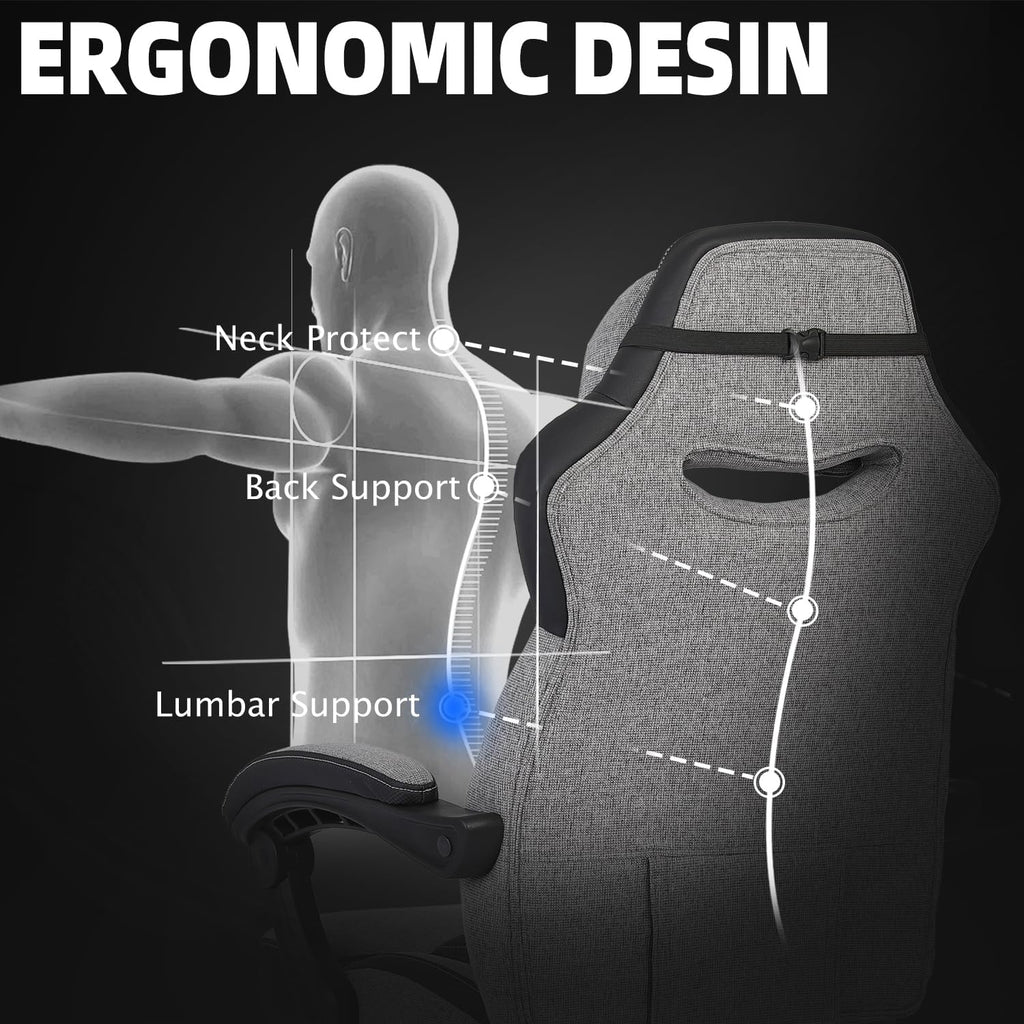 Vonesse Gaming Chair, Reclining Fabric Gaming Chairs for Adults 250LBS, Office Chair with Pocket Spring Cushion, Computer Chair with Footrest and Massage Lumbar Support (Grey)
