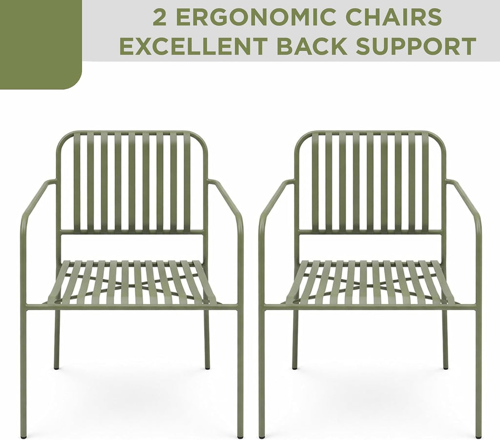 Alpine Corporation VTFAM152A Metal Outdoor Bistro Set, 3-Piece Patio Conversation Set with Round Side Table & 2 Chairs, Weather-Resistant Steel Frame, Compact Balcony Furniture, Green