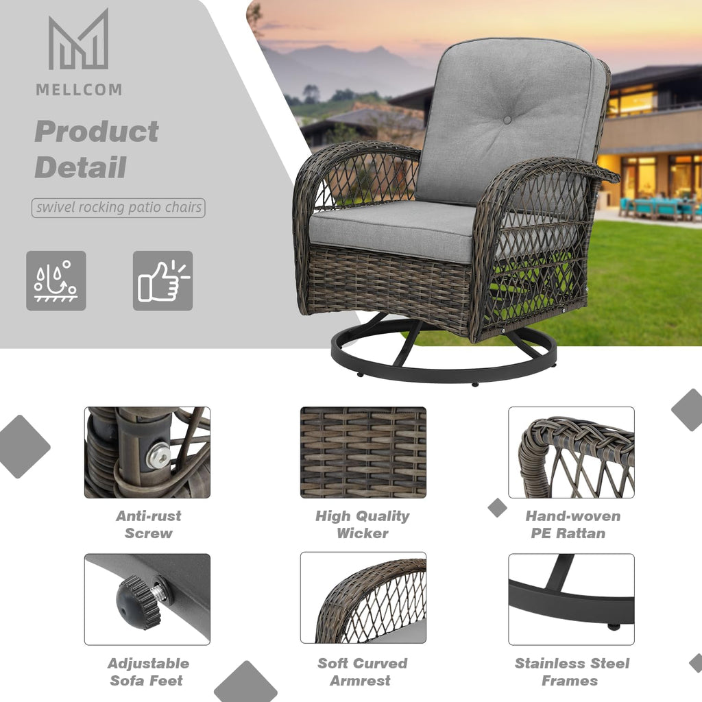 MELLCOM 3 Pieces Patio Furniture Set, Outdoor Swivel Rocker Patio Chairs, Wicker Patio Bistro Set with Rocking Chair, Thickened Cushions and Glass Coffee Table for Backyard, Garden, Grey