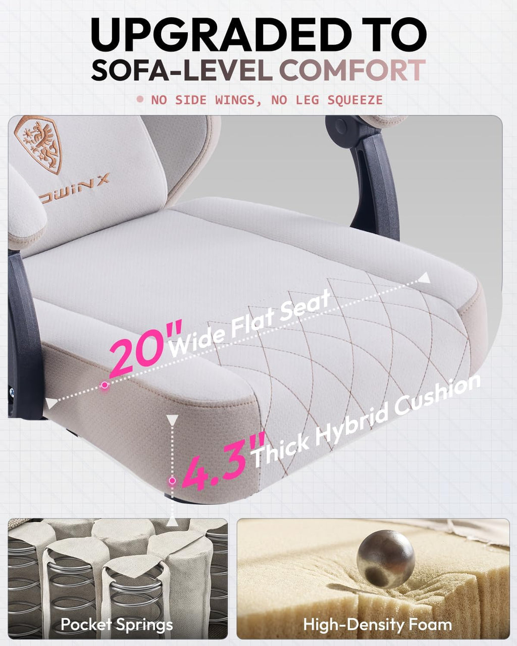 Dowinx Gaming Chair, Fabric Gaming Chairs for Adults with Pocket Spring Cushions and Lumbar Support, Ergonomic Massage Computer Chair with Footrest for Big and Tall, Beige