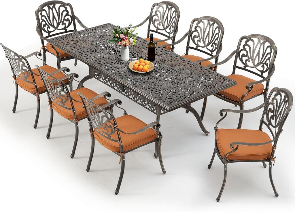 [Hi-End]Cast Aluminum Patio Furniture Set 9-Piece Outdoor Dining Set Includes 86.6'' Rectangular Patio Table with Umbrella Hole and 8 Cushioned Dining Chairs,Rust-Free for Patio Deck Garden Pool