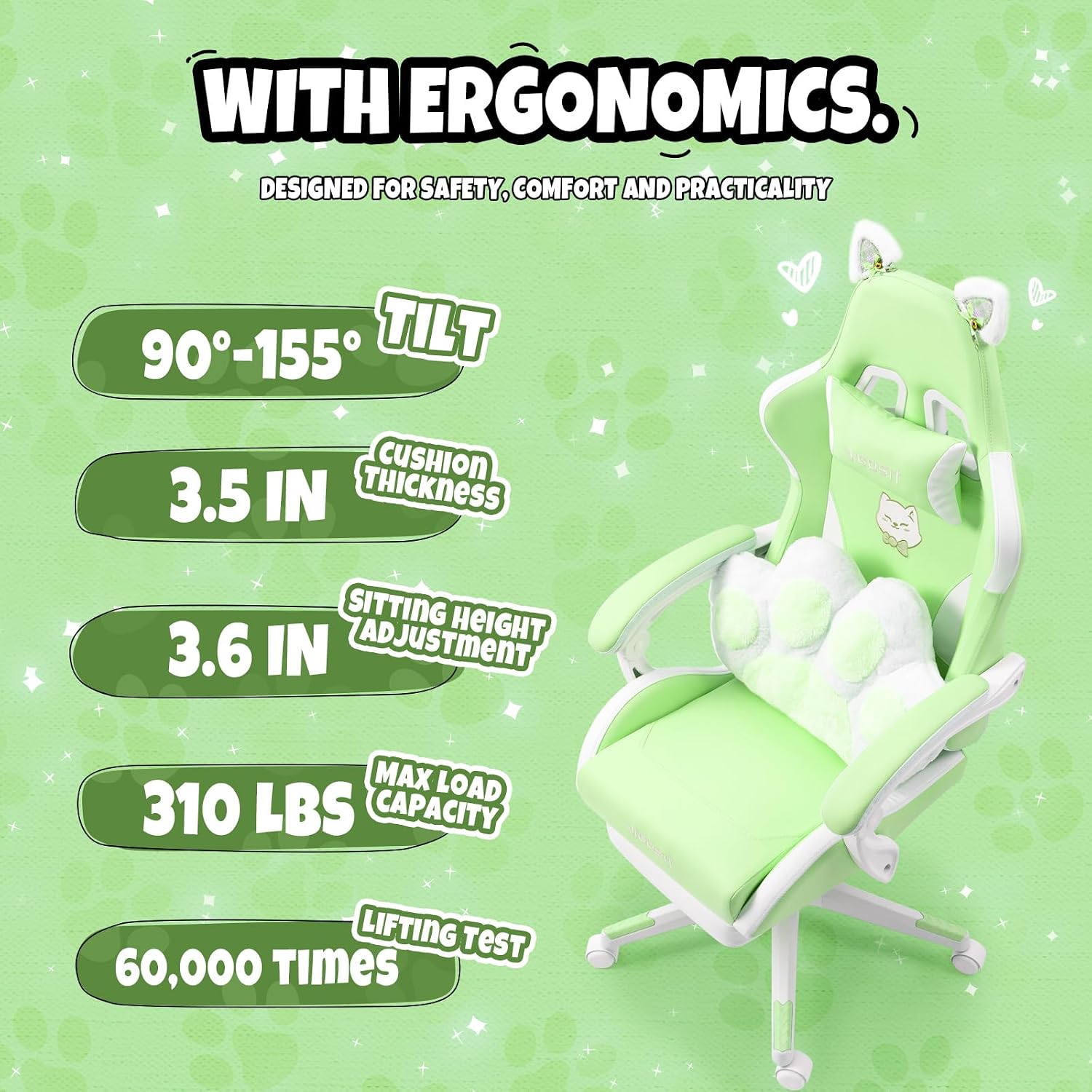 Vigosit Cute Cat Gaming Chair with Paw Lumbar Cushion, PC Video Gamer Chair for Girl Teen Woman (Green)
