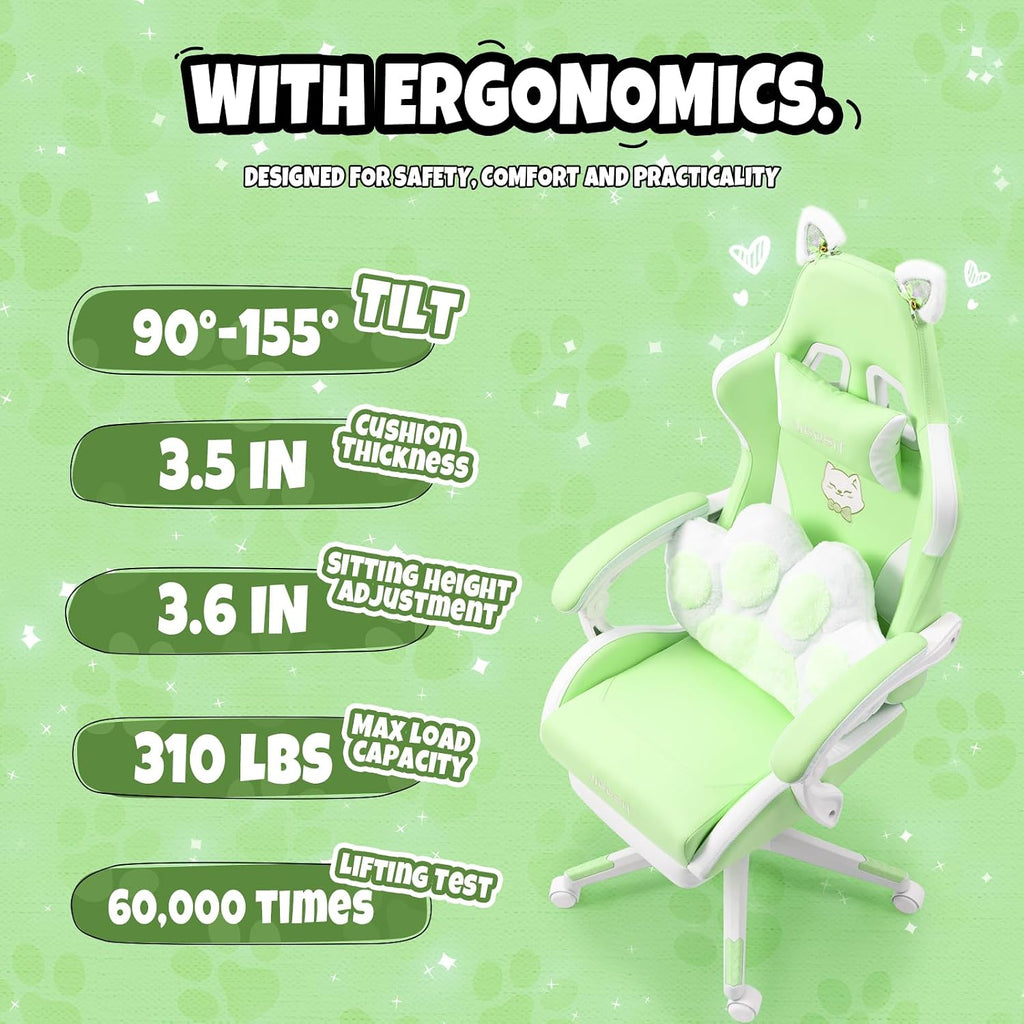 Vigosit Green Cat Gaming Chair with Footrest, Ergonomic Cute Gamer Desk Chair with Cat Ears, Comfortable Computer Chair for Girls Teens Adults