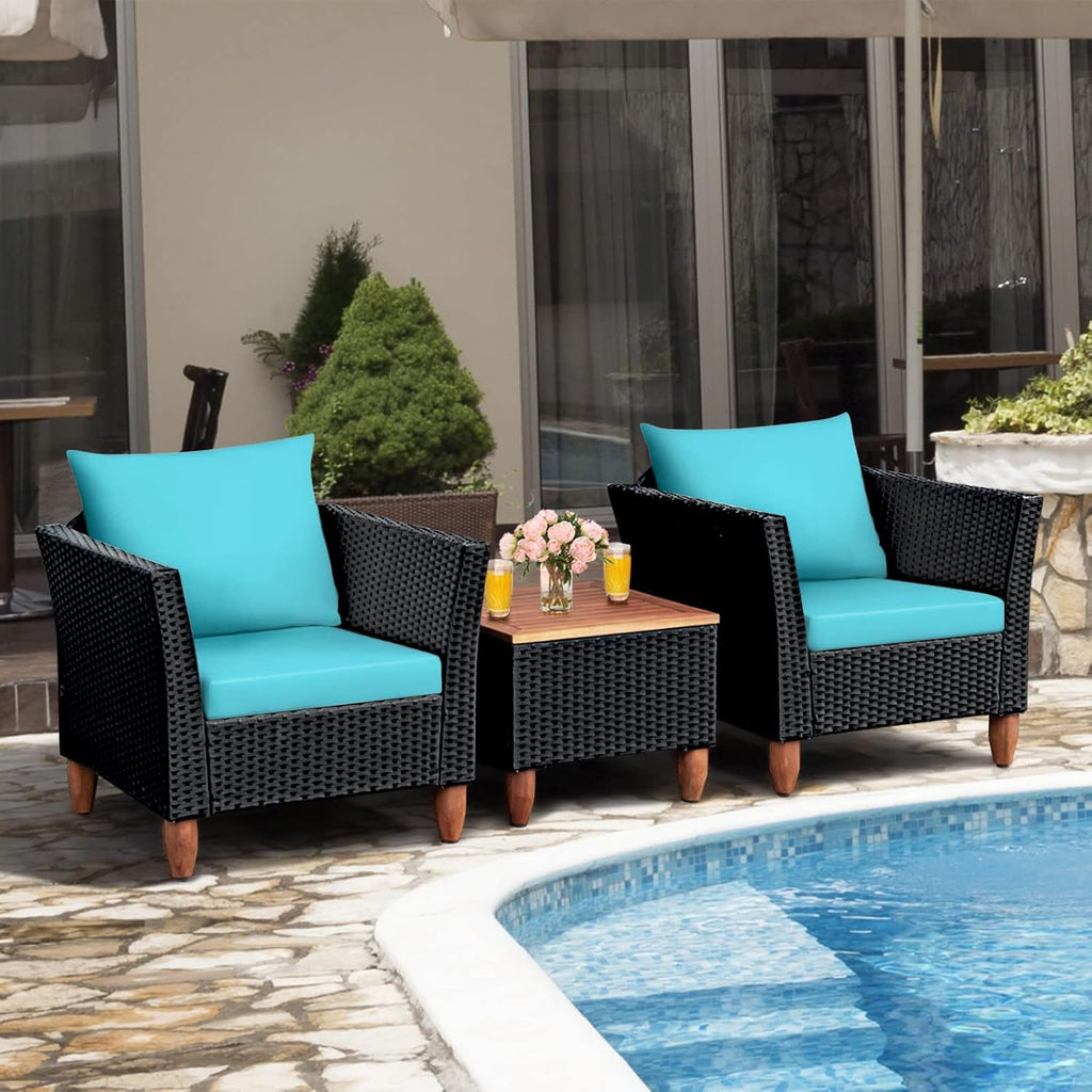Tangkula 3 Piece Patio Furniture Set, Patiojoy Outdoor Wicker Rattan Bistro Sofa Set w/Washable Cushion, Acacia Wood Top Coffee Table, Conversation Set w/Adjustable Feet for Balcony Backyard Porch