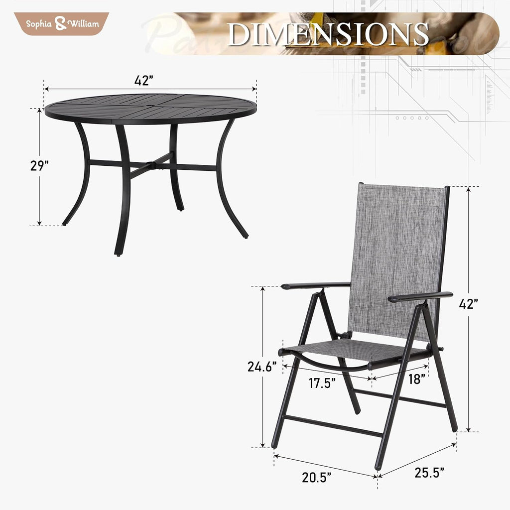 Sophia & William 5 Pieces Patio Dining Set, Outdoor Patio Furniture Set with Round Metal Patio Table with 1.57' Umbrella Hole and 4 Pcs 7 Levels Adjustable Folding Textilene Patio Sling Chairs, Grey
