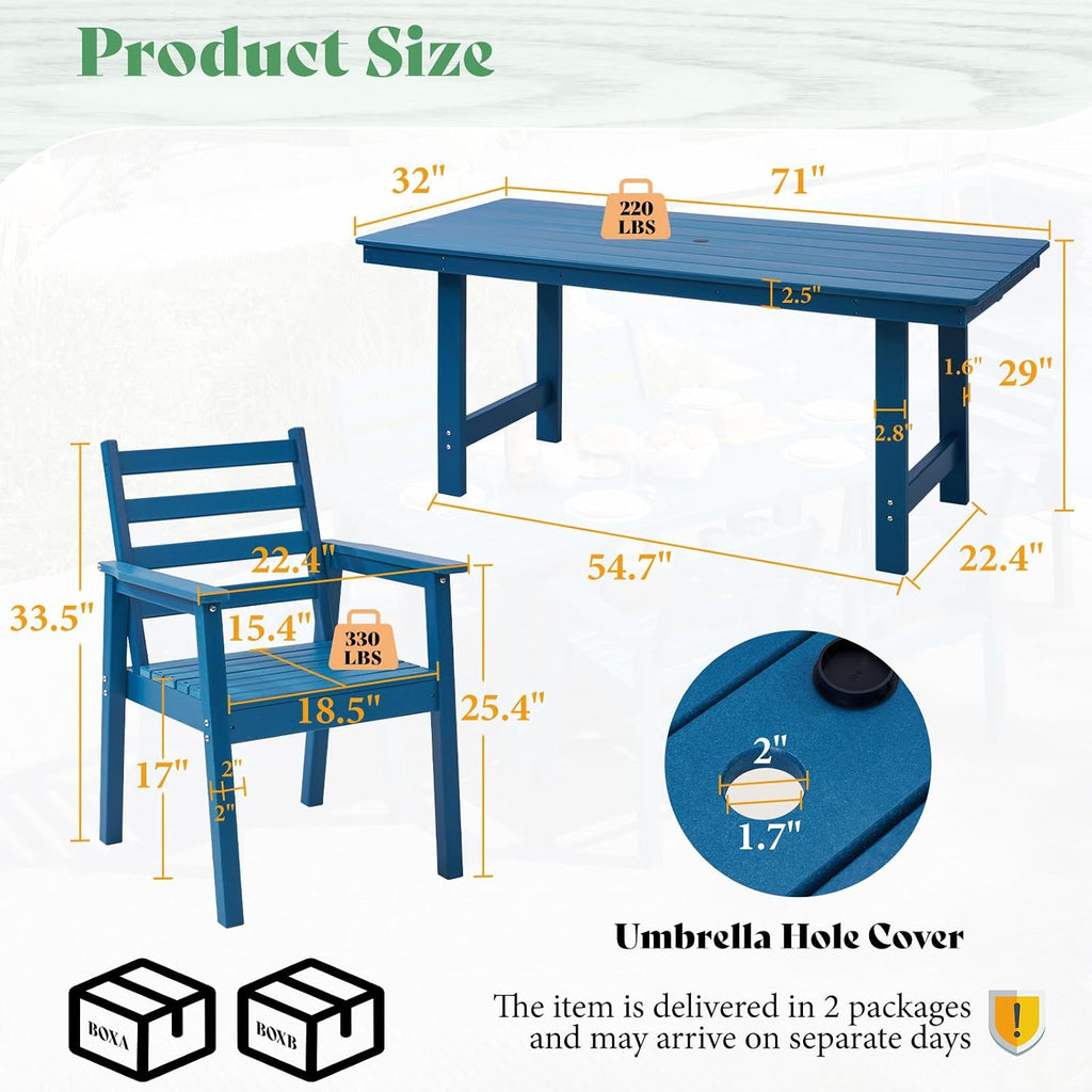 AMERLIFE 7-Piece HDPE Outdoor Dining Table Set with 6 Chairs, 71' Patio Dining Table Sets with Umbrella Hole, Modern Dinner Table & Chairs Set for Garden, Backyard, Poolside, Blue