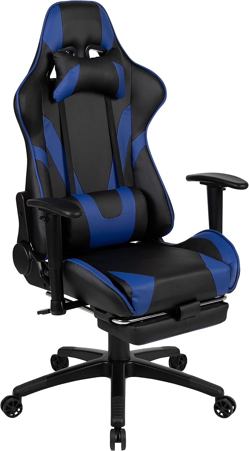 Flash Furniture Red Gaming Desk with Cup Holder/Headphone Hook & Blue Reclining Gaming Chair with Footrest
