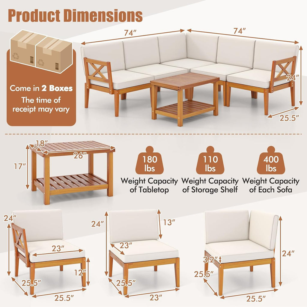 Tangkula 6 Pieces Acacia Wood Patio Furniture Set, Outdoor Sectional Conversation Set with Cushions and 2-Tier Coffee Table, L Shaped Corner Sofa Set for Garden, Porch, Poolside and Backyard