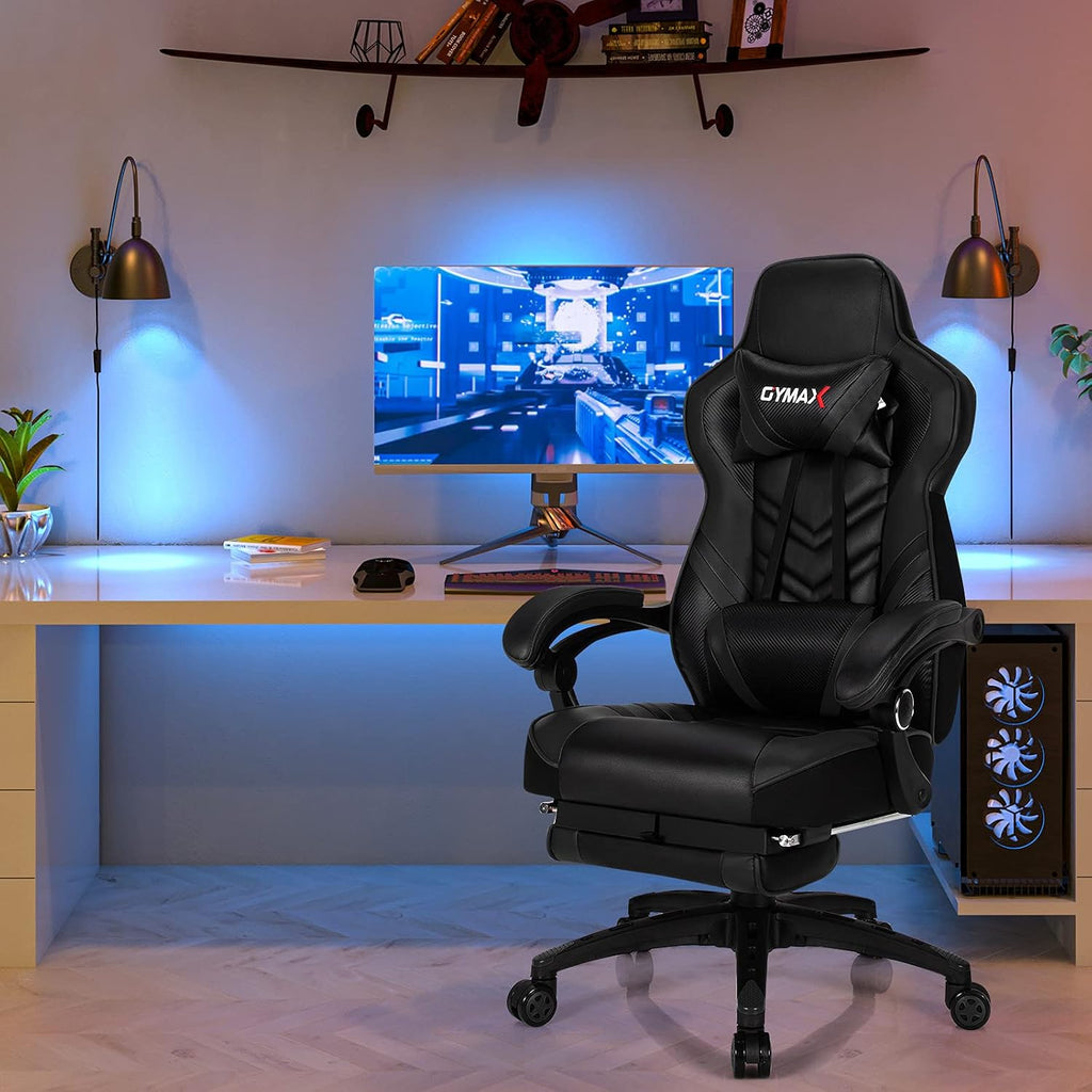 GYMAX Gaming Chair, Ergonomic Computer Chair with Footrest, Linkage Armrests & Lumbar Cushion, Big Wide High Back Video Gaming Chair, Reclining Office Rolling Chair for Adult/Teens (Black)