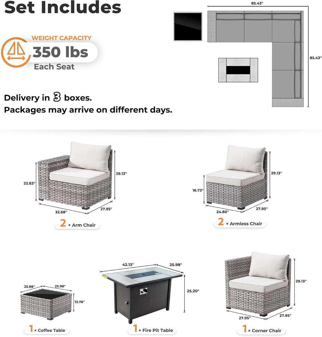 ovios 7 Pieces Patio Furniture Set, Outdoor Wicker Sectional Sofa with 42 Inch Fire Pit Table Comfy Cushions, Modern Modular Deep Seat Rattan Couch Conversation Set, Beige