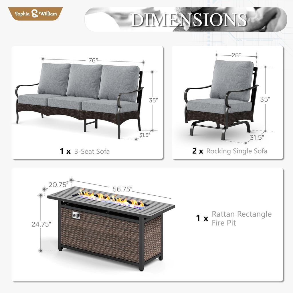 Sophia & William Patio Furniture Set with Fire Pit Table, 4 PCS Metal Outdoor Conversation Set with Fire Pit Table, 2 Sofa Chairs,3-Seater Couch for Outdoor Seating, Backyard, Porch(Grey)