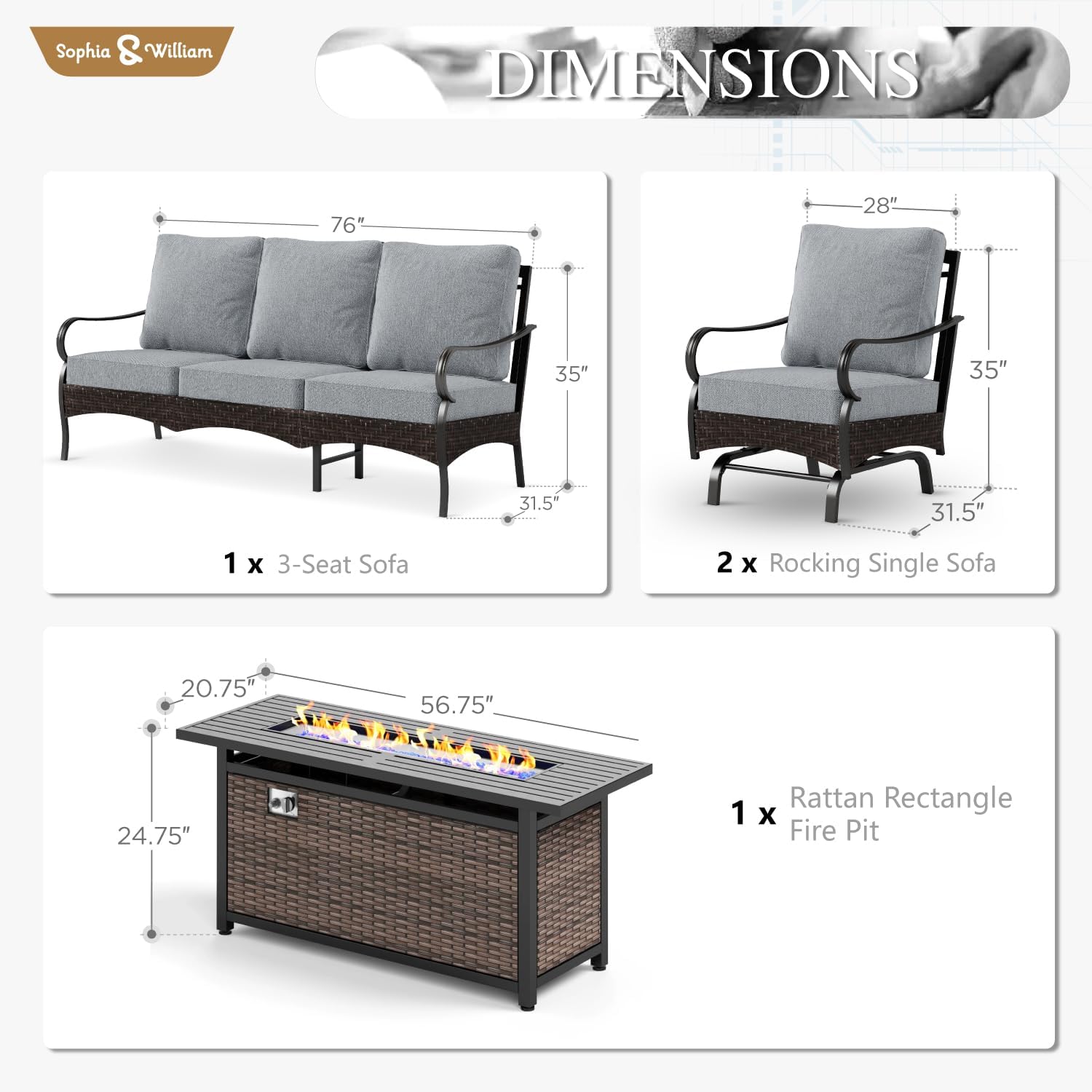 Sophia & William Patio Furniture Set with Fire Pit Table, 4 PCS Metal Outdoor Conversation Set with Fire Pit Table, 2 Sofa Chairs,3-Seater Couch for Outdoor Seating, Backyard, Porch(Grey)