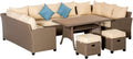 Outsunny 6 Piece Patio Furniture Set, PE Wicker Outdoor Furniture Conversation Set with 3 Sofas, 2 Ottomans and Slatted WPC Top Dining Table, All Weather Sectional Sofa Couch with Pillows, Khaki