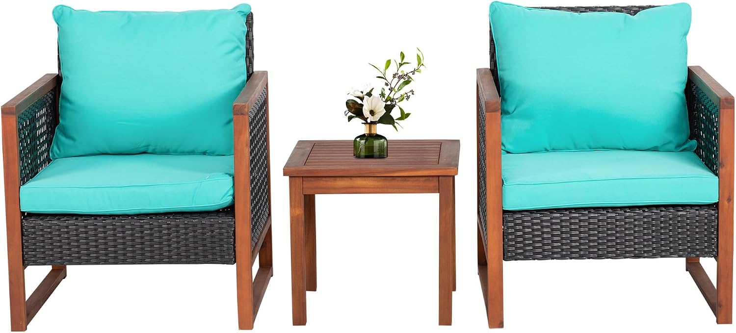 PayLessHere 3 Pieces Patio Set Wicker Patio Furniture Acacia Wood Outdoor Patio Furniture Set Rattan Chair Conversation Sets Bistro Set with Coffee Table and Water Resistant Cushions(Blue)
