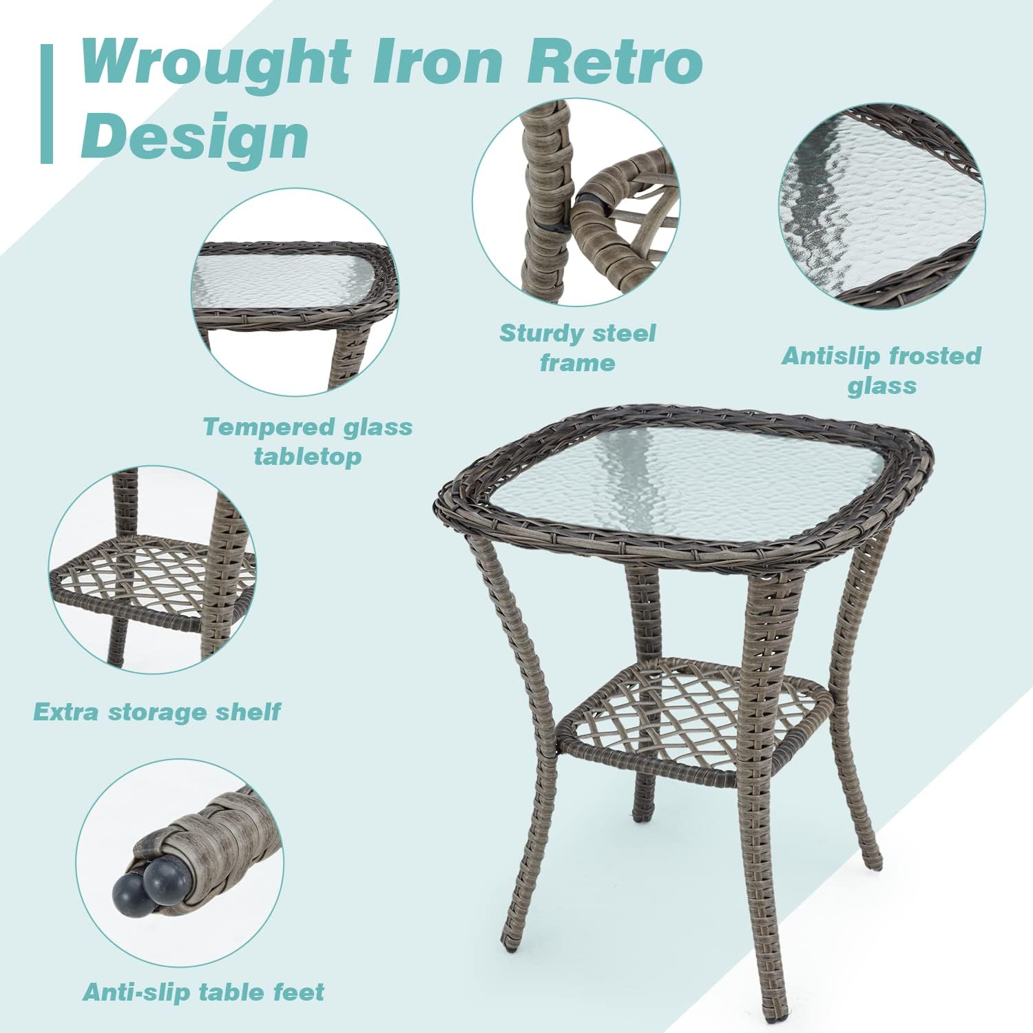 EROMMY 3 Pieces Outdoor Swivel Rocker Patio Chairs, 360 Degree Rocking Patio Conversation Set with Thickened Cushions and Glass Coffee Table for Backyard, Blue