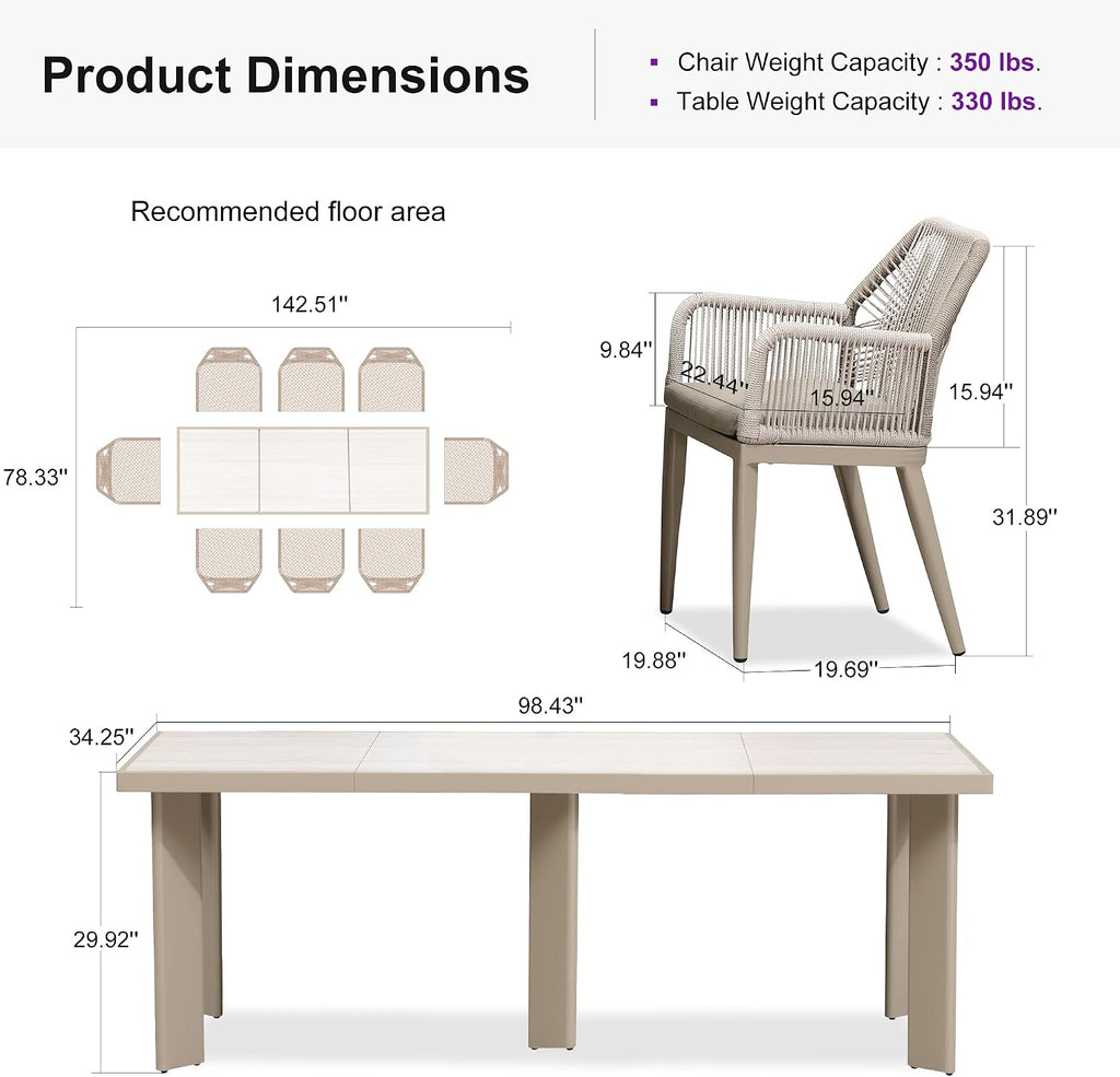 PURPLE LEAF 9 Pieces Patio Dining Set Aluminum Modern Rectangular Table and Rattan Arm Chairs with Cushions for Kitchen Porch Garden Outdoor Furniture Sets, Champagne