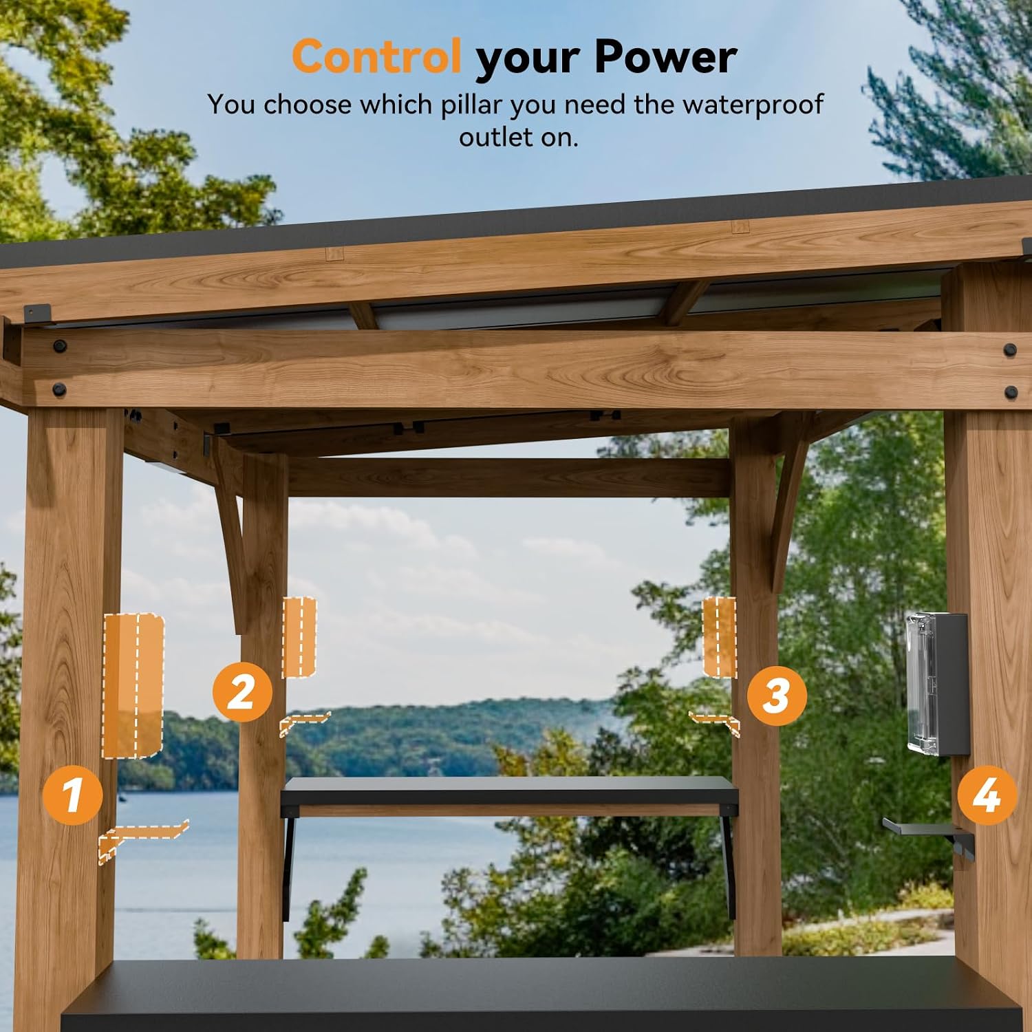 Modern Shade Grill Gazebo 6' X 8', Cedar Wood Gazebo with Shelves and Paper Towel Holder, Outdoor Bar with Galvanized Steel Roof, USB and USB-C Charging Ports, Outdoor Patio Bars for Backyard