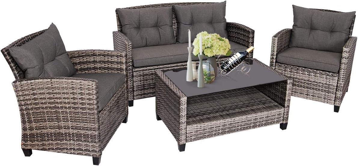 Tangkula 4 PCS Patio Wicker Conversation Furniture Set, Outdoor Rattan Sofa Set with Padded Cushion & Tempered Glass Coffee Table, Wicker Sectional Sofas & Table for Courtyard Balcony Garden (1, Grey)