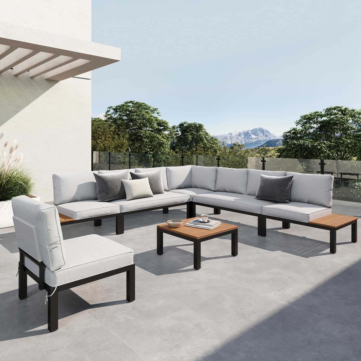 Sophia & William 7 Piece Outdoor Patio Furniture Set, Metal Sectional Sofa Patio Conversation Set with Cushions-2 x Single Sofa with Side Table, 2 x Single Chair, 2 x Loveseat, 1 x Tea Table