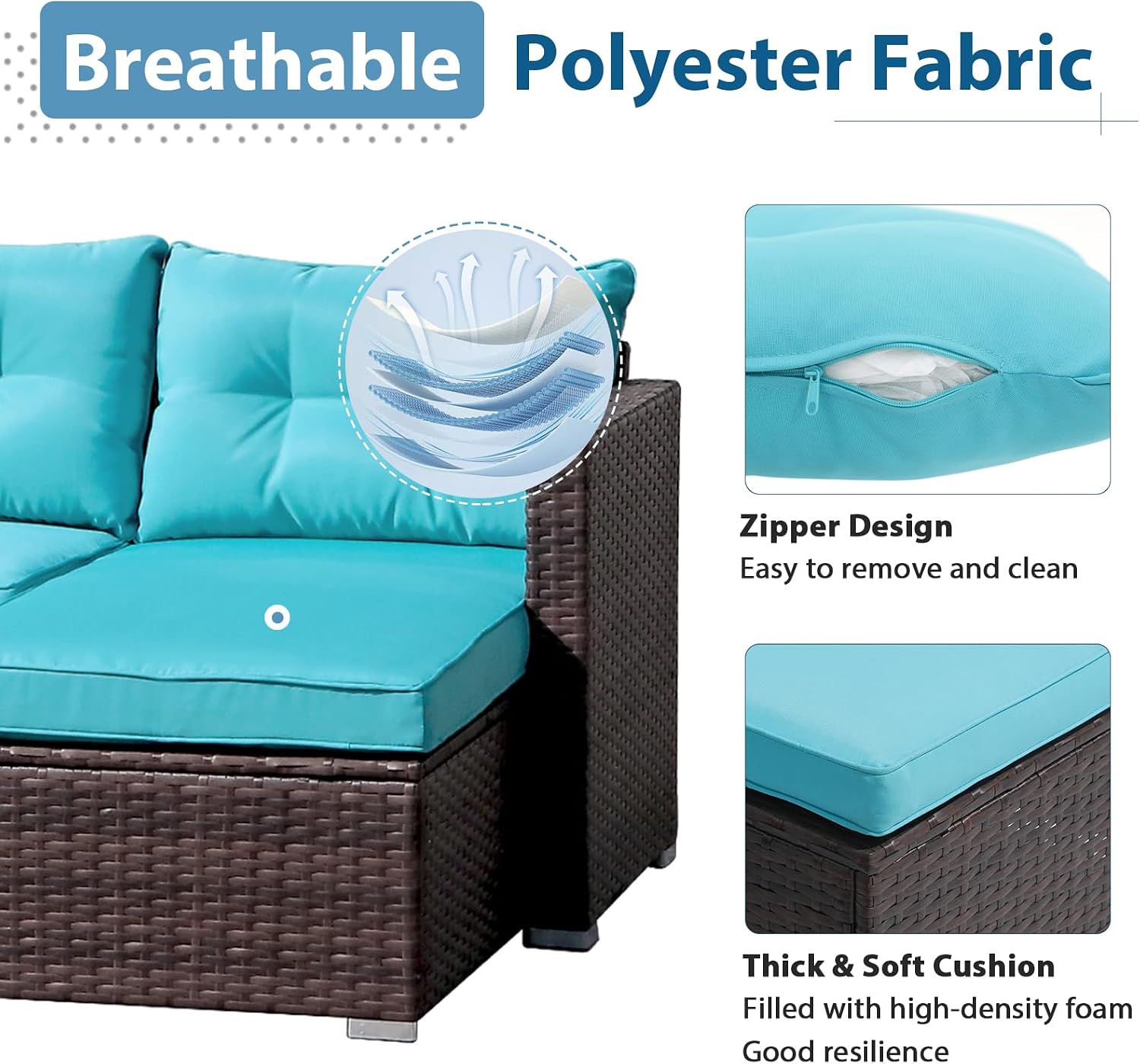 JOIVI Outdoor Patio Furniture Set, All Weather Outdoor Sectional Conversation Set, Wicker Furniture Sofa Set, Outdoor Patio Seating with Cushions, Tempered Glass Coffee Table, L-Shaped, Turquoise
