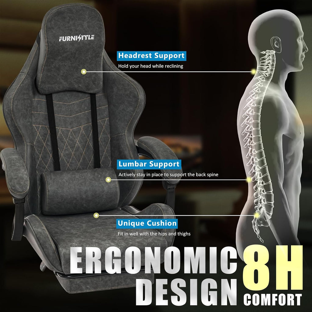Gaming Chair Video Game Chairs with Large Headrest, Linkage Armrests, Retro PU Leather Ergonomic Computer Chair for Gaming or Office, Grey