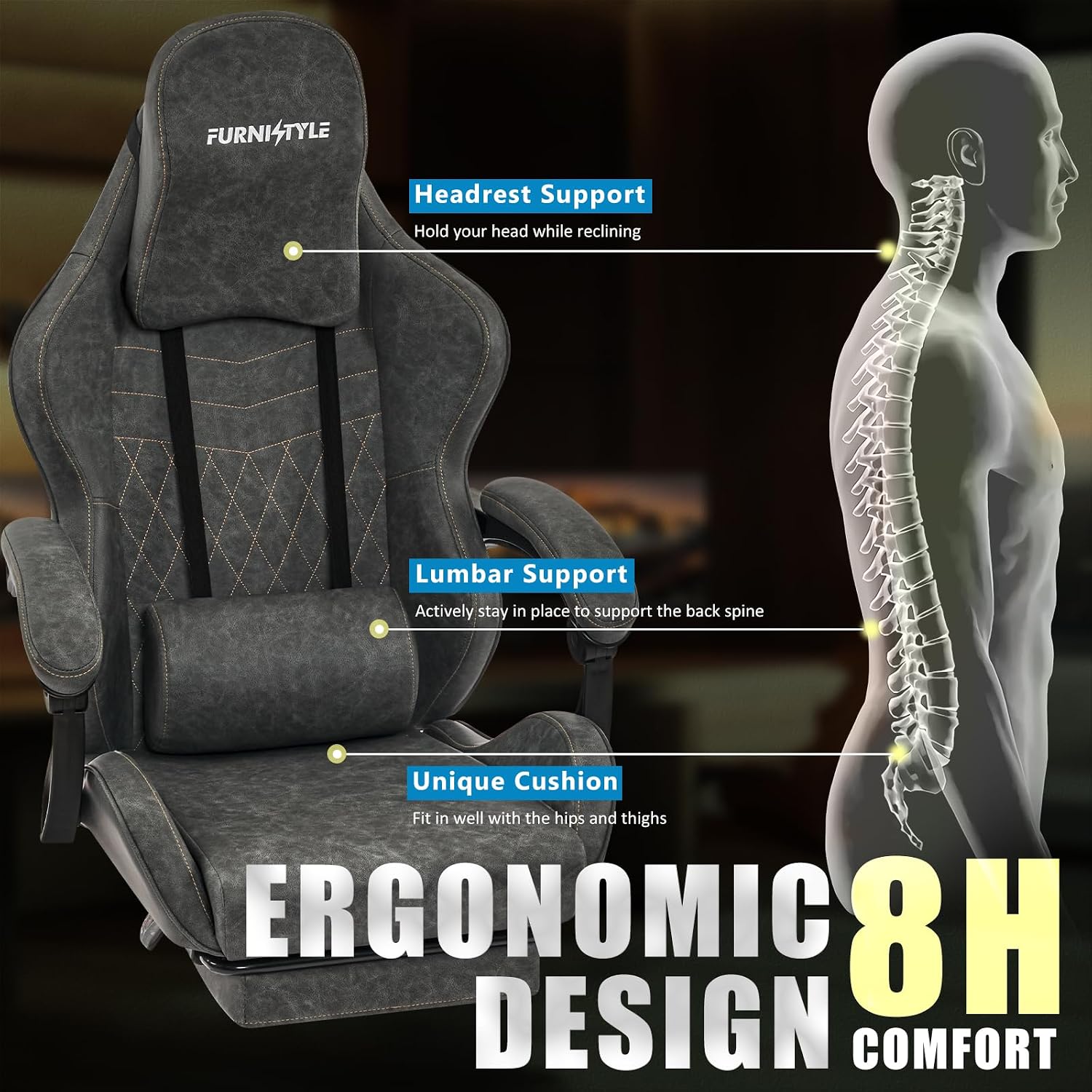 Gaming Chair Video Game Chairs with Large Headrest, Linkage Armrests, Retro PU Leather Ergonomic Computer Chair for Gaming or Office, Grey