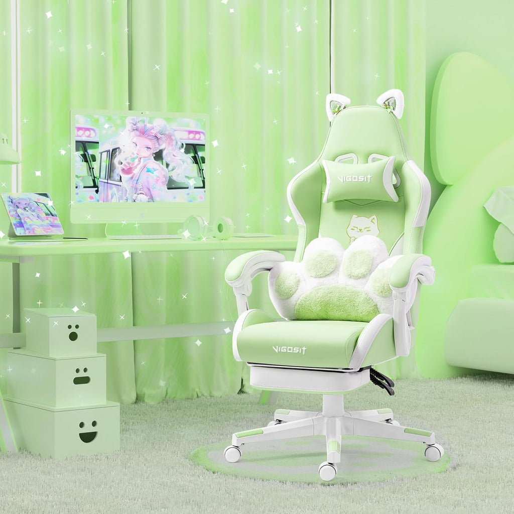 Vigosit Cute Cat Ears Gaming Chair for Women Girls - Ergonomic PU Leather Office Chair with Footrest cat paw Pillow, 360° Swivel Recliner, Green