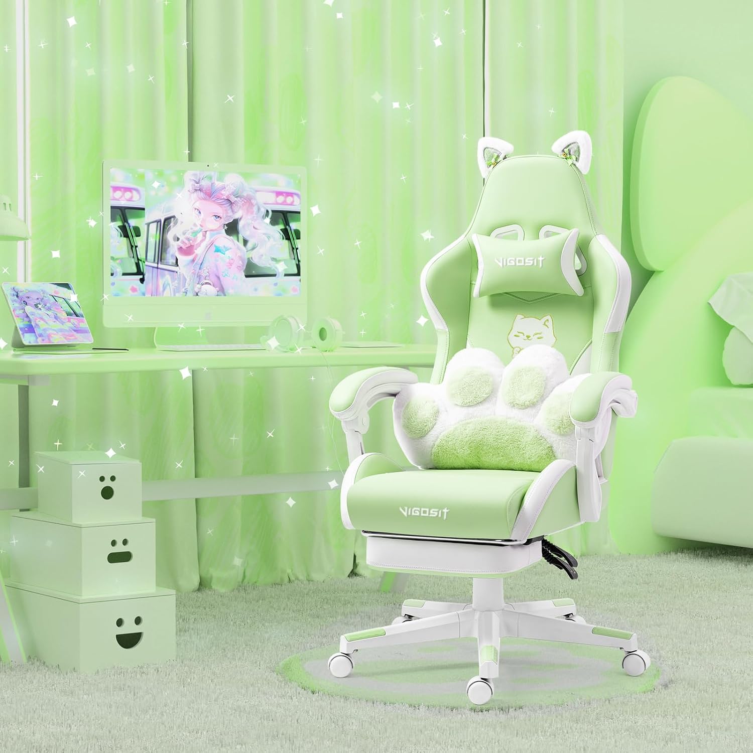 Vigosit Green Cat Gaming Chair with Footrest, Ergonomic Cute Gamer Desk Chair with Cat Ears, Comfortable Computer Chair for Girls Teens Adults
