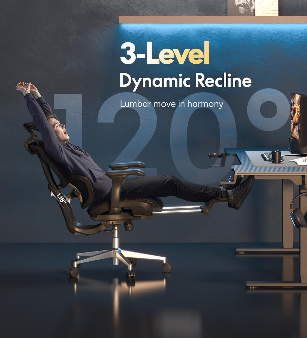 FLEXISPOT Sentinel Ergonomic Gaming Chair with Dual-Wing Adaptive Lumbar, 3D Armrests, 3-Position Recline up to 120°, Height-Adjustable Backrest, Premium Mesh Computer Desk Chair for Home & Office